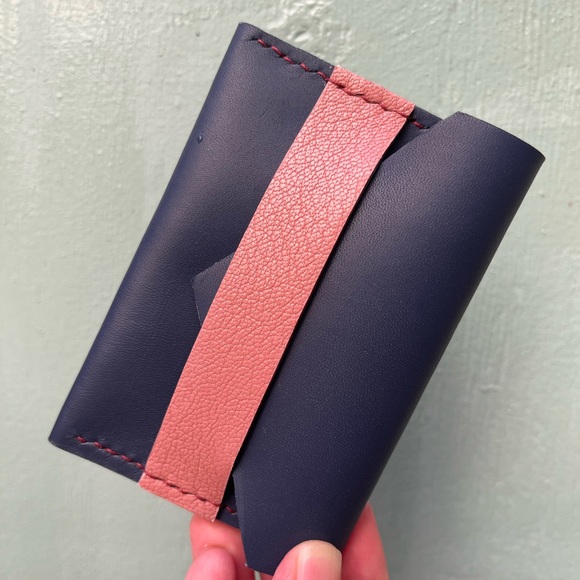 Handmade Navy Pink Leather Cardholder - Picture 10 of 13